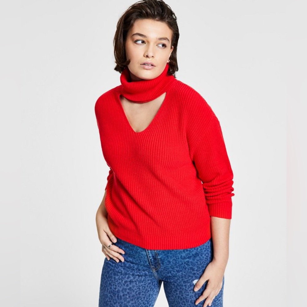 Bar lll Women's Size Xs Red Cutout-Detail Turtleneck Sweater, Created for Macy's
